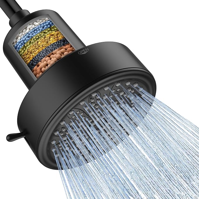 FEELSO Filtered Shower Head, High Pressure Shower Head with Filters | One-Click Filter Change Design, 6 Spray Rain Showerhead for hard water, Remove Chlorine, Improves Skin & Hair