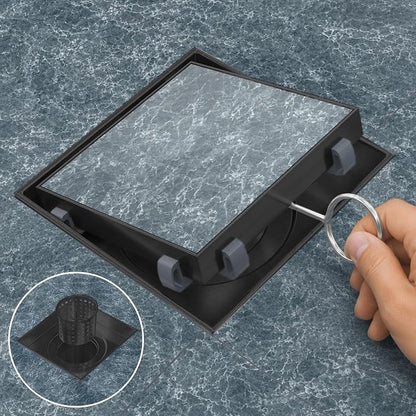 4 Inch Tile-in Square Shower Floor Drain, Matte Black | SUS 304 Stainless Steel, Removable Grate & Hair Strainer Design, for Bathroom, Kitchen, Balcony, Garage, Basement, Toilet