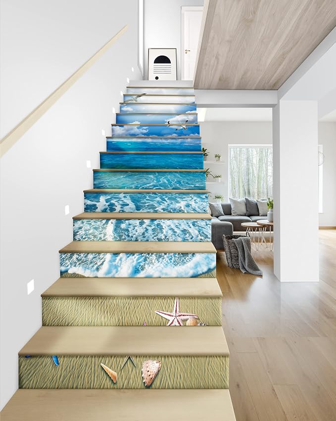 FLFK Sunshine Ocean Beach Stair Stickers - Set of 15, Peel and Stick Stair Riser Decals, 39.3"x7.08"