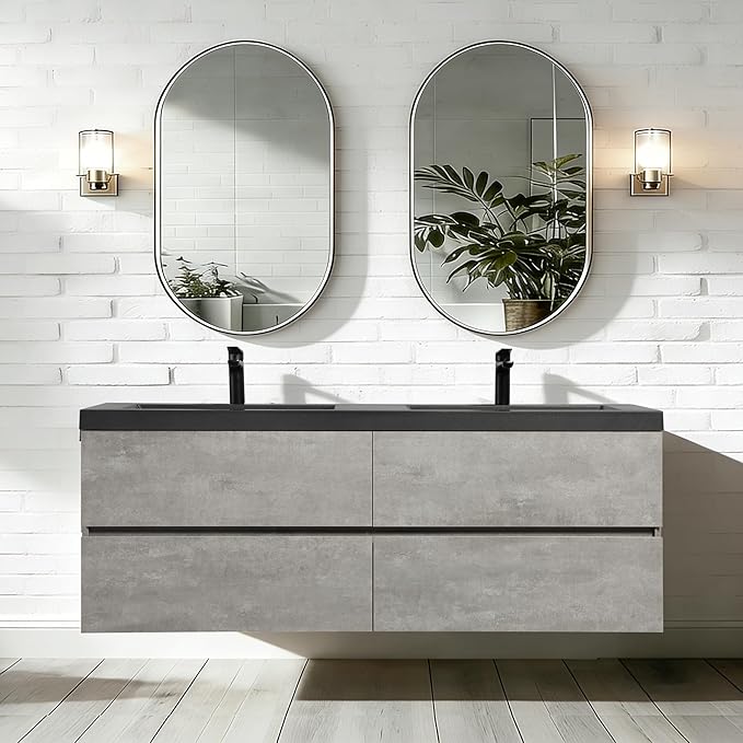 60" Floating Bathroom Vanity with Sink Combo, Pre-Assembled Wall Mounted Bathroom Cabinet with Double Integrated Sink, Soft-Closed 2 Drawers, Dark Birch