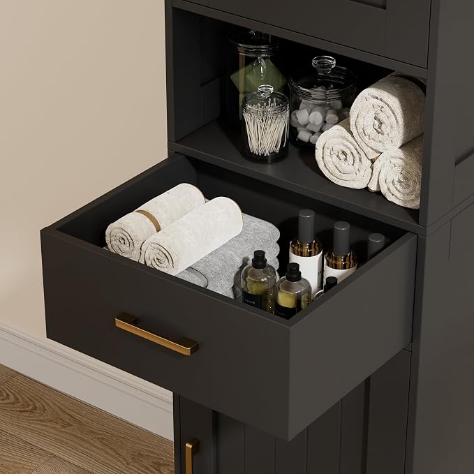 Homhedy 67" H Bathroom Storage Cabinet, Tall Bathroom Cabinet, Black | Narrow Cabinet with Doors and Drawer, Adjustable Shelves, Floor Cabinet for Bathroom, Living Room, Kitchen, Dining Room