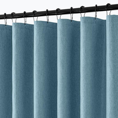 ANRODUO Moonlight Blue Long Linen Fabric Shower Curtain Set - W72xL108 | Farmhouse Shower Curtain with 12 Metal Hooks, Waterproof Heavy Duty, Button Hole Design, Machine Washable for Bathroom