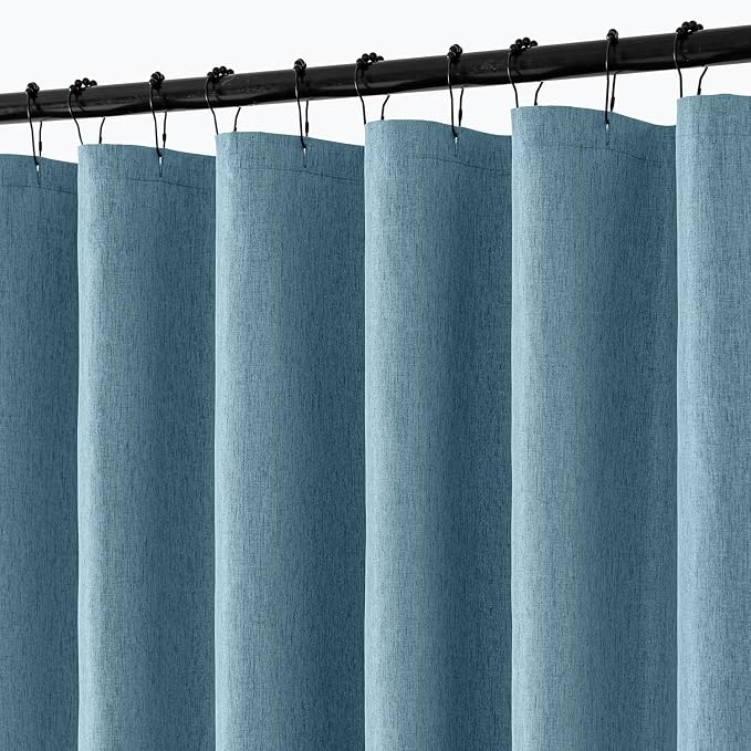 ANRODUO Moonlight Blue Linen Textured Fabric Shower Curtain Set - W72xL84 | Farmhouse Shower Curtain with 12 Metal Hooks, Waterproof Heavy Duty, Button Hole Design, Machine Washable for Bathroom