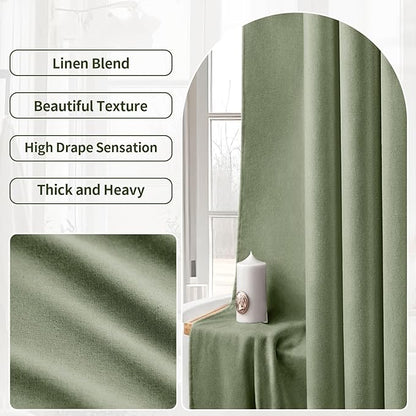 Linen Shower Curtain Green, Fabric Boho Farmhouse Shower Curtains for Bathroom Cotton Natural Cloth Liner Set 72" W x 72" L