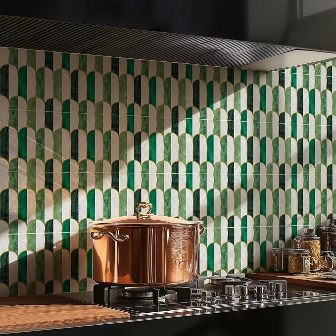 funlife Holographic Emerald Art Deco Peel and Stick Backsplash Self-Adhesive PVC Wall Tiles Easy DIY with Tools for Kitchen Bathroom and Laundry Room 5.9"x5.9"x10-Sheet Arch Mosaic