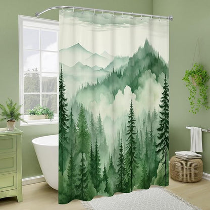 Litabel Green Extra Long Misty Pine Forest Shower Curtain 72 x 84, XL Mountain Foggy Woodland Scenery Tree Shower Curtains for Bathroom, Abstract Waterproof Nature-Themed Decor