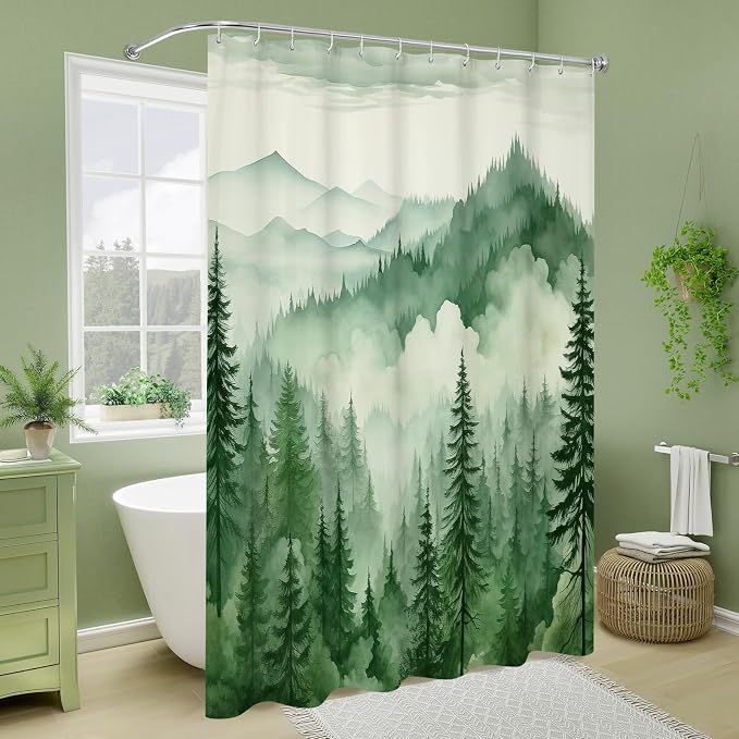 Litabel Green Small Stall Misty Pine Forest Shower Curtain 36 x 72, Mountain Foggy Woodland Scenery Tree Narrow Half Size Shower Curtains for Bathroom, Abstract Waterproof Nature-Themed Decor
