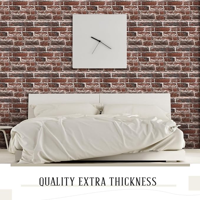 30 Pcs 3D Wall Panels Peel and Stick Wallpaper Foam, Red Brick | Faux Brick Stone Tiles, Covering 28.8-48.4 Sq ft, Self Adhesive Waterproof Panels for Bedroom Living Room Kitchen Walls