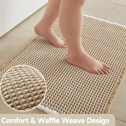 TYUU Waffle Runner Rug Bathroom, Long Boho Bath Mat, 60x24 Khaki & White | Super Absorbent Quick Dry Bath Rug, Non-Slip Backing, Soft Waffle Washable Farmhouse Bathroom Mats, Tub, Shower & Home Decor