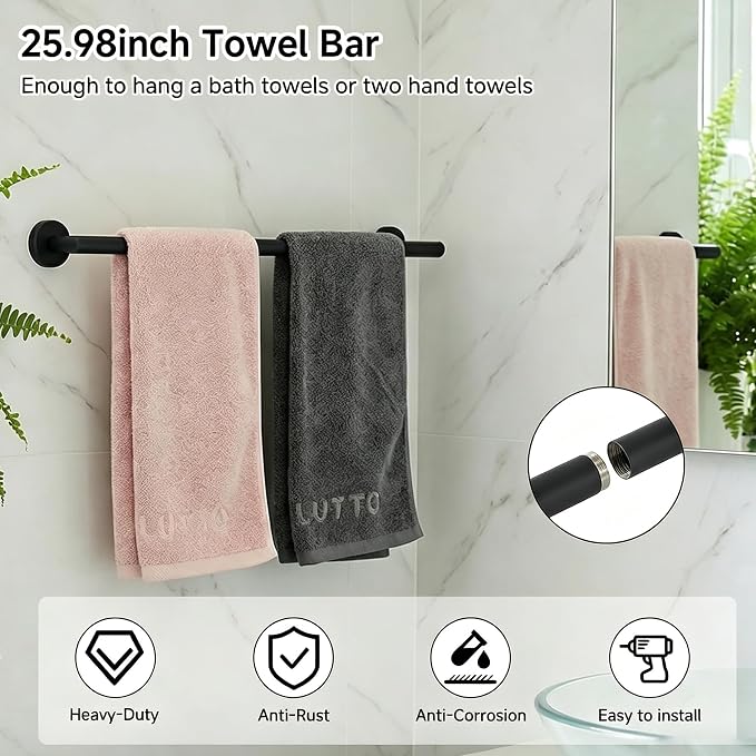 7-Piece Bathroom Hardware Accessories Set, SUS304 Towel Bar, Black | 25.9-Inch Towel Rack, Oval Towel Ring, Toilet Paper Holder with Shelf & 4 Robe Towel Hooks, Wall-Mounted Towel Holder Set