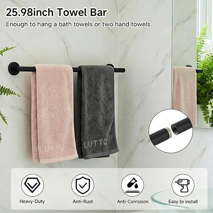 7-Piece Bathroom Hardware Accessories Set, SUS304 Towel Bar, Black | 25.9-Inch Towel Rack, Oval Towel Ring, Toilet Paper Holder with Shelf & 4 Robe Towel Hooks, Wall-Mounted Towel Holder Set