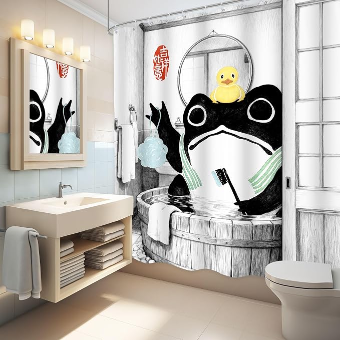 Funny Frog Traditional Asian Japanese Rubber Bathroom Shower Curtain Set | 71Wx71H Duck Wooden waterproof HD print, quick-dry fabric, and 12 hooks for easy setup