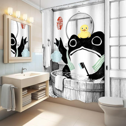 Funny Frog Traditional Asian Japanese Rubber Bathroom Shower Curtain Set | 71Wx71H Duck Wooden waterproof HD print, quick-dry fabric, and 12 hooks for easy setup