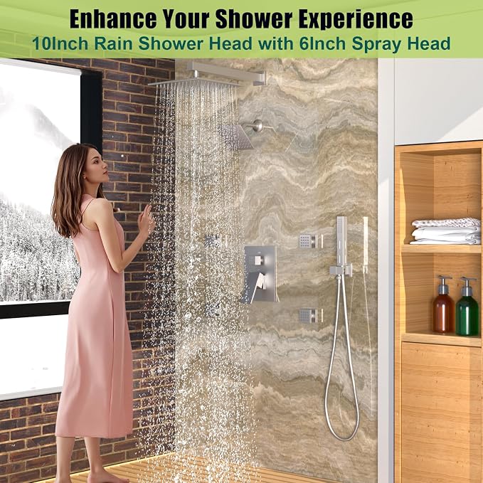 Enga Dual Heads Shower System with Body Jets, Shower Faucet Set 10 Inch Rainfall with 6 Inch Showerhead, 4 Body Jets with 2 in 1 Handheld Spray, Brushed Nickel