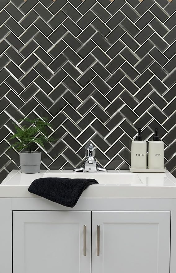 MSI Metallic Gray Bevel Herringbone Glass Tile for Kitchen Backsplash, Wall Tile for Bathroom, Accent Wall Tile, and Shower Wall Tile 13.86 in. x 11.08 in. Mesh-Mounted Mosaic Tile (10.6 sq. ft./case)