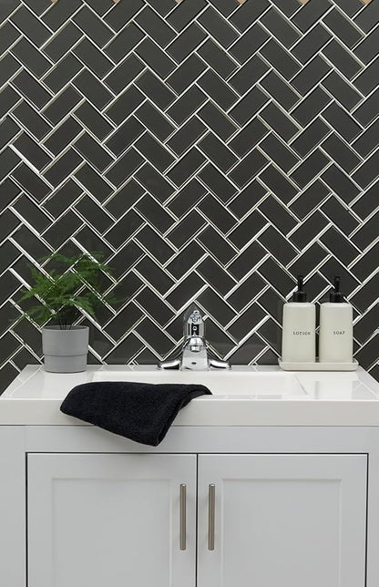 MSI Metallic Gray Bevel Herringbone Glass Tile for Kitchen Backsplash, Wall Tile for Bathroom, Accent Wall Tile, and Shower Wall Tile 13.86 in. x 11.08 in. Mesh-Mounted Mosaic Tile (10.6 sq. ft./case)