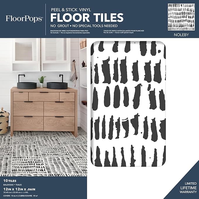 FloorPops FP2945 Noleby Peel & Stick Floor Tiles, Black