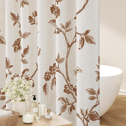 MitoVilla Brown Linen Floral Shower Curtain for Bathroom, 72 x 72 | Brown BoHo Cottagecore Spring Shower Curtains, Modern Farmhouse Country Plant Leaves Bathroom Décor, 72 x 72
