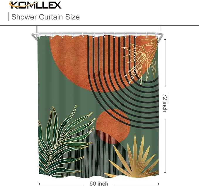 Mid Century Green Orange Boho Abstract Modern Bathroom Shower Curtain Set | 60Wx72L Sun Arch design, waterproof HD print with fast-drying fabric and 12 hooks.