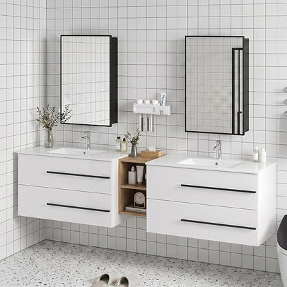 84 Inch Floating Double Sink Bathroom Vanity, Modern Bathroom Vanity with Double Sink, Painted Surface Wall Mounted Bathroom Cabinet with Large Storage Drawers,White&Natural