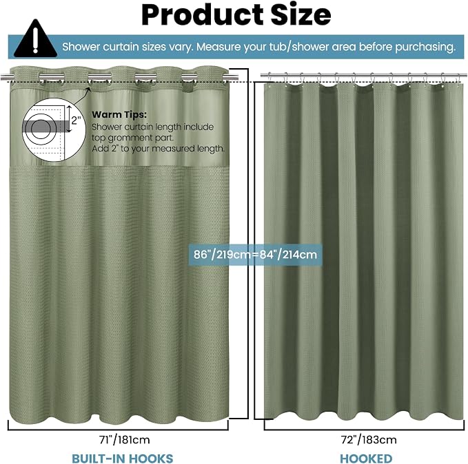 SORTTO No Hook Shower Curtain with Snap in Liner Set Waffle Shower Curtain for Bathroom Hotel Style Fabric Waterproof Inner Liner，71" W x 86" H, Sage Green