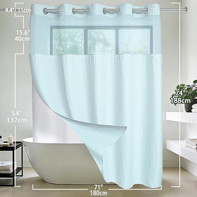 Conbo Mio No Hook Waffle Weave Shower Curtain with Snap in Liner Set, Hotel Luxury Blue Shower Curtains for Bathroom with See Through Top Window, Waterproof, Washable 71W x 74H