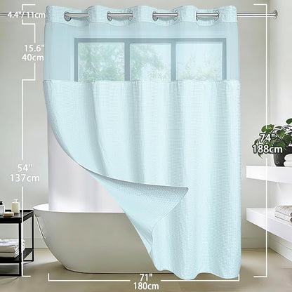 Conbo Mio No Hook Waffle Weave Shower Curtain with Snap in Liner Set, Hotel Luxury Blue Shower Curtains for Bathroom with See Through Top Window, Waterproof, Washable 71W x 74H