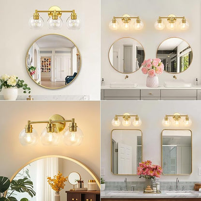 Bathroom Light Fixtures, Vanity Lights for Bathroom 3-Light Gold, Bathroom Lighting Fixtures Over Mirror with Clear Glass Globe Shade, Bathroom Vanity Light for Living Room Kitchen Bedroom Hallway