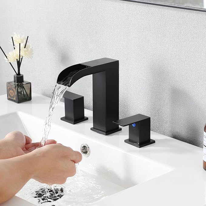 VCCUCINE Matte Black Bathroom Faucets 3 Hole, 8 Inch Widespread Square Waterfall Bathroom Sink Faucet,Black Vanity Bathroom Faucets for Vanity, Restroom, Commercial with Pop Up Drain and Supply Lines