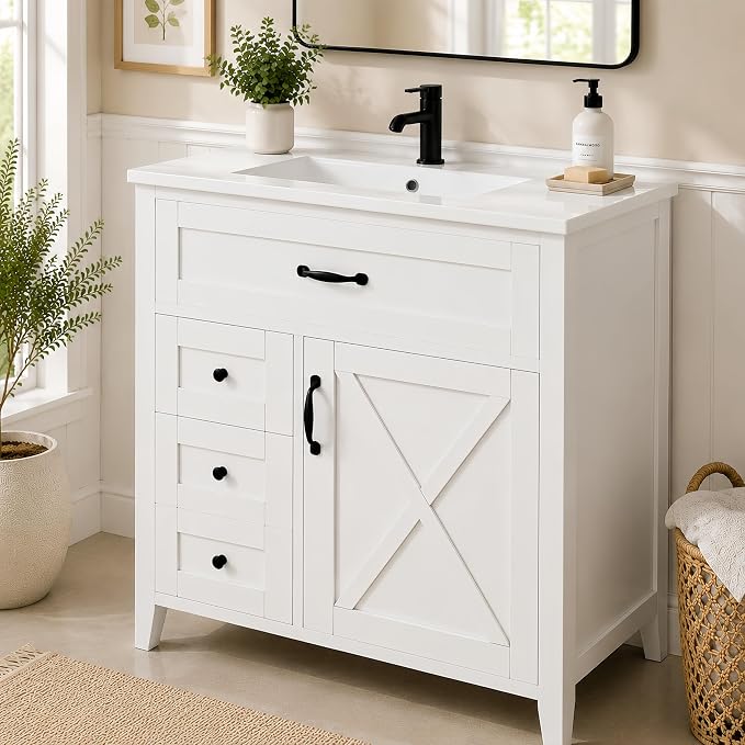 Bellemave 30" Bathroom Vanity with Sink, Bathroom vanities, White Bathroom Vanity with Drawers, Sink Cabinet, White 30"