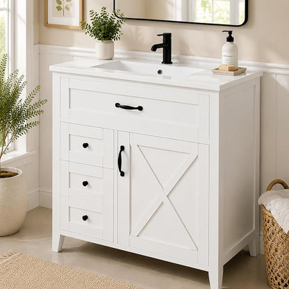 Bellemave 30" Bathroom Vanity with Sink, Bathroom vanities, White Bathroom Vanity with Drawers, Sink Cabinet, White 30"