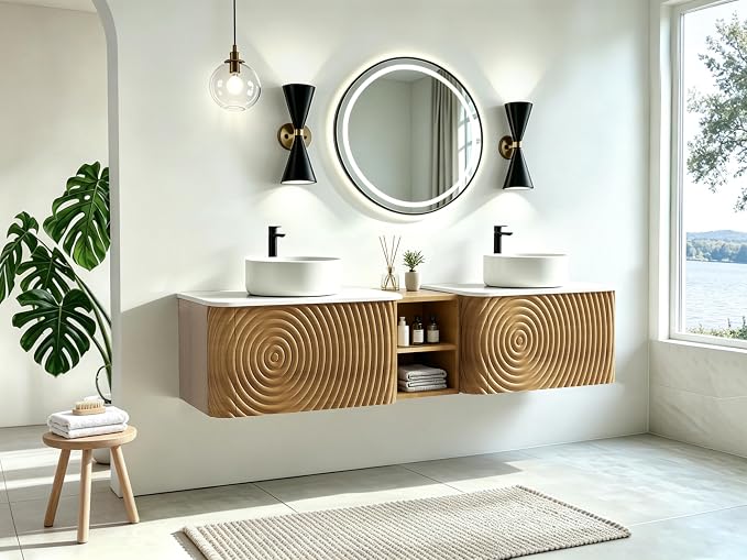 72" Floating Bathroom Vanity with Double Sink, Mid-Century Wall Mounted Bathroom Vanity Cabinet with Wood Waved Decor, Ceramic Vessel Basin, Sintered Stone Top, Soft Close Drawer, Side Open Cube