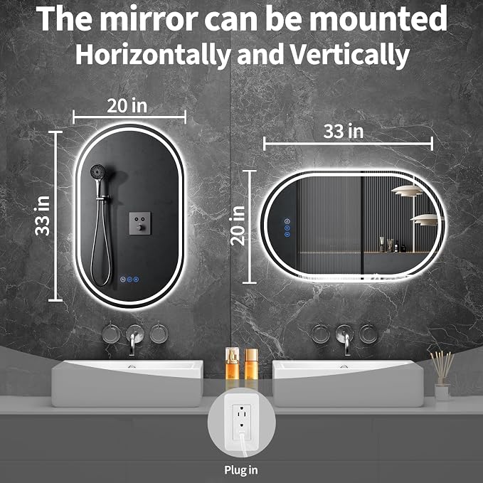 Oval LED Bathroom Mirror, 20"x 33" Frameless Lighted Mirror | LED Mirror with Front Light & Backlit, Anti-Fog, Dimmable Wall Mounted Lighted Mirror, Pill-Shaped Smart Bathroom Mirror