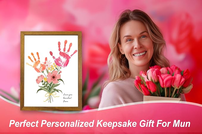 TwoDays Flower Bouquet Handprint Art Craft DIY Kit, Unique Gifts for Mom from Daughter or Son for Mother's Day Birthday Christmas, Gift for Grandma. (Floral-1, Brown)