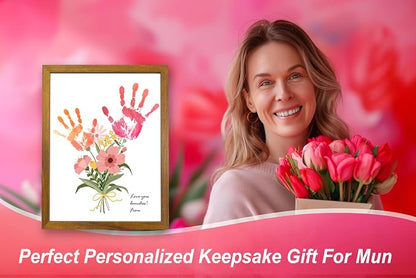 TwoDays Flower Bouquet Handprint Art Craft DIY Kit, Unique Gifts for Mom from Daughter or Son for Mother's Day Birthday Christmas, Gift for Grandma. (Floral-1, Brown)