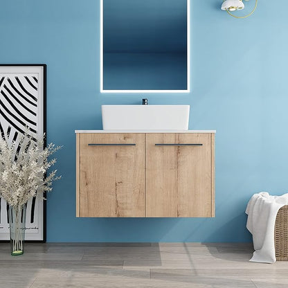 30" Floating Vanity with Sink, 30 Inch Bathroom Vanity with Sink, Modern Plywood Floating Cabinet with Sintered Stone Countertop and White Ceramic Basin, Soft Close Doors
