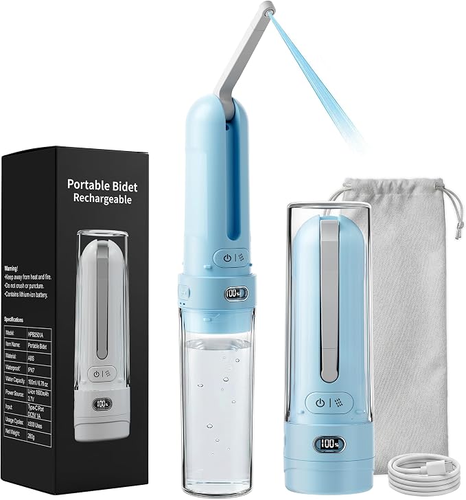 Electric Portable Bidet for Travel & Outdoor Camping, Sky Blue | Pocket size whisper-quiet handheld sprayer 3 pressure modes 1600mAh Long-lasting Battery USB-C Rechargable IPX7 Waterproof