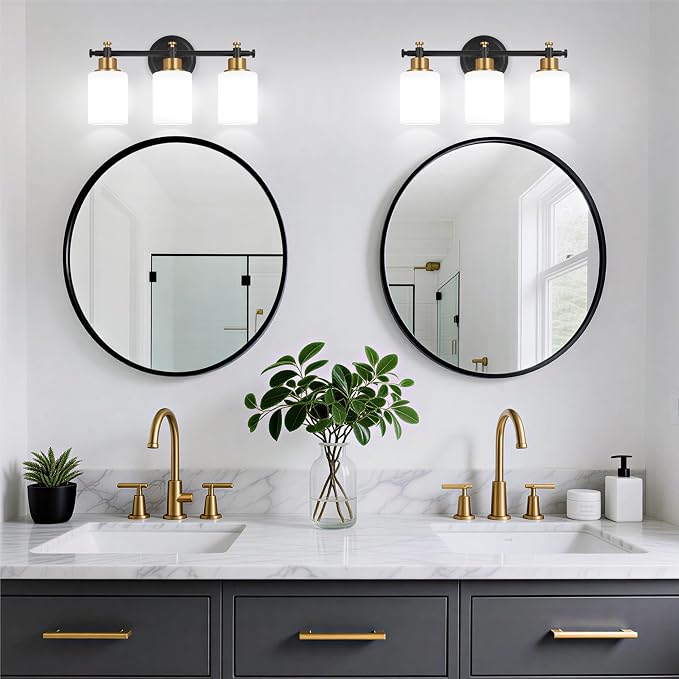 3 Light Bathroom Vanity Light, Black and Gold Vanity Lights for Bathroom | Vanity Light Fixture Over Mirror, Modern Wall Sconce with Milky White Glass Shade, 17.5 In, E26(Bulbs Not Included)