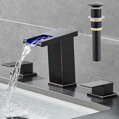 LED Bathroom Faucet 3 Hole, Oil Rubbed Bronze Waterfall Bathroom Faucets, 8 Inch Widespread Modern Bathroom Sink Faucet & Parts, Wide Spread Touch On Three Hole 2 Handle Bathroom Vanity Faucet