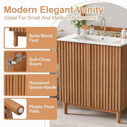 30″ Bathroom Vanity with Ceramic Sink, Modern Bathroom Vanity Cabinet with 2 Doors, Freestanding Mid-Century Restroom Sink Cabinet Combo with U-Shaped Adjustable Shelf (30")