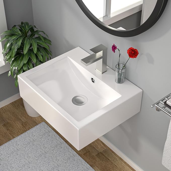 Wall Mount Vessel Sink - 21" x 16" Rectangle Wall Mounted Bathroom Sink White Wall Hung Porcelain Sink With Overflow Ceramic Basin Floating Lavatory Sink