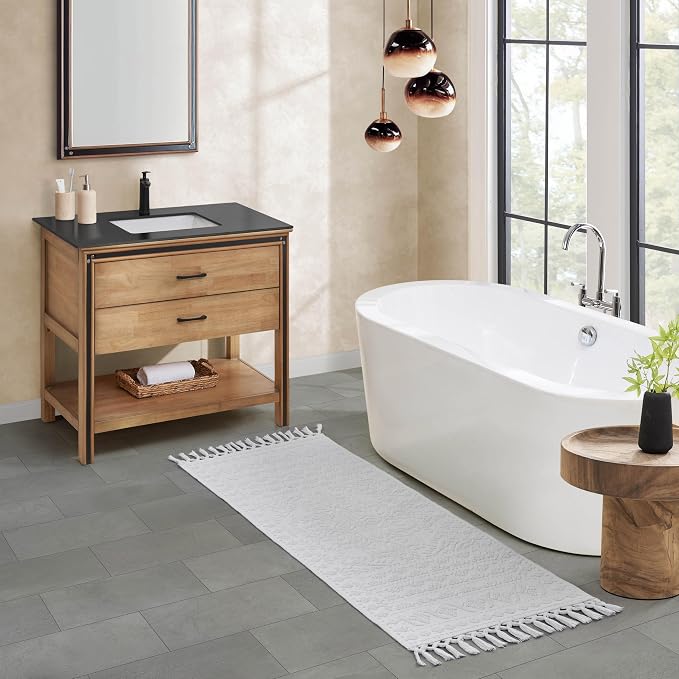 French Connection Nellore Bathroom Rugs, Woven and Beaded, Durable Bath Rugs, Thick Bath Mats for Bathroom and Shower Rugs, 24" x 64", White