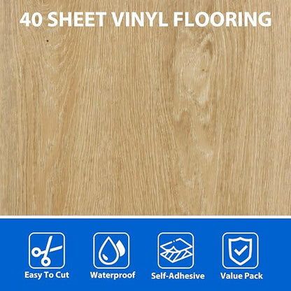 40 Sheet Vinyl Flooring 12x12 Peel and Stick Floor Tile Waterproof Clearance Vinyl Floor Tiles Light Wood Self Adhesive Floor Tiles Sticky Laminate Flooring for Bathroom Kitchen Basement RV