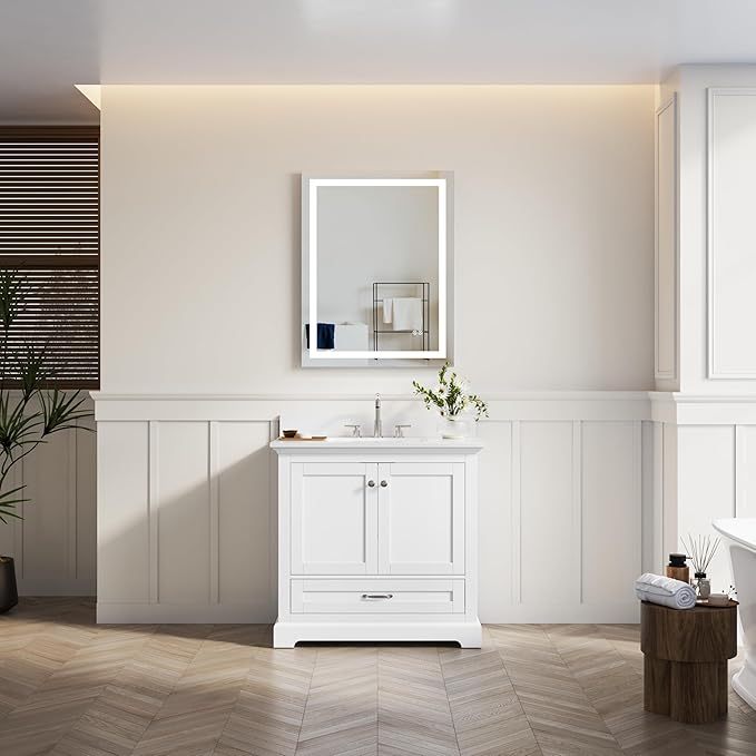 WELLFOR 36" Bathroom Vanity with Sink, Bathroom Freestanding Vanity W/ 2 Soft-Close Doors and 1 Soft-Close Drawers, Bathroom Cabinet Vanity with Engineered Stone Countertop, White