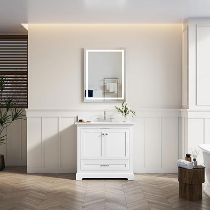 WELLFOR 36" Bathroom Vanity with Sink, Bathroom Freestanding Vanity W/ 2 Soft-Close Doors and 1 Soft-Close Drawers, Bathroom Cabinet Vanity with Engineered Stone Countertop, White
