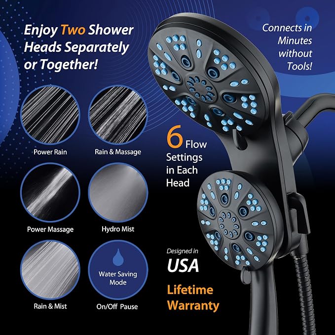 AquaCare Magneton 48-Mode High Pressure Rain & Handheld Shower Head Combo | Space-age Magnetic Guidance Docking, Dual 6-mode Heads with Hygienic Jets, Extra-long 6 ft. Stainless Steel Hose / Black