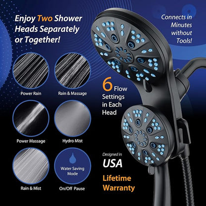 AquaCare Magneton 48-Mode High Pressure Rain & Handheld Shower Head Combo | Space-age Magnetic Guidance Docking, Dual 6-mode Heads with Hygienic Jets, Extra-long 6 ft. Stainless Steel Hose / Black