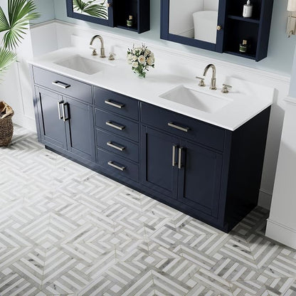 80-Inch Bathroom Vanity with Double Sinks W/ 4 Doors & 4 Drawers & 2 Flip Drawers, Navy Blue Vanity W/Brushed Nickel Handles