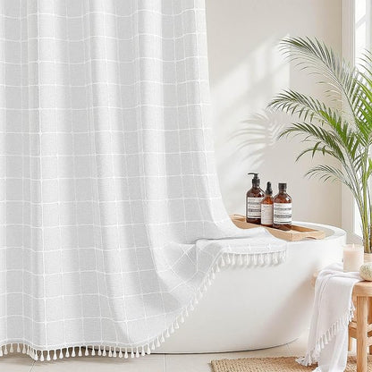 RiverDream Farmhouse No Hooks Shower Curtain with Snap-in Liner,White,71x74 | Snap on Fabric Liner,Heavy Duty,Quick Dry,Mesh Top Window,With Bottom Magnets,Washable,with Tassels,Standard Size