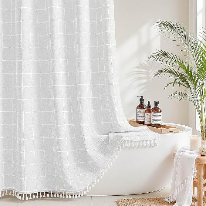 RiverDream Farmhouse No Hooks Shower Curtain with Snap-in Liner,White,71x86 | Snap on Fabric Liner,Heavy Duty,Quick Dry,Mesh Top Window,With Bottom Magnets,Washable,with Tassels,Extra Long Size